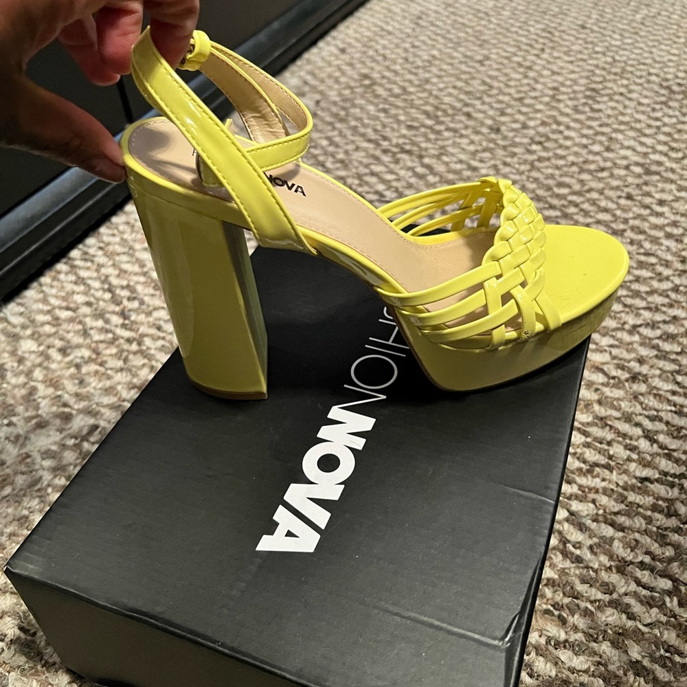 Bright yellow sandals style heel. Fashion Nova brand worn once.
